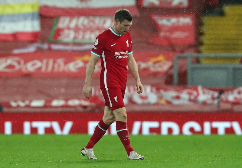 LIVERPOOL, ENGLAND - FEBRUARY 03: James Milner of Liverpool looks dejected following the Premier League match between Liverpool and Brighton & Hove Albion at Anfield on February 03, 2021 in Liverpool, England. Sporting stadiums around the UK remain under strict restrictions due to the Coronavirus Pandemic as Government social distancing laws prohibit fans inside venues resulting in games being played behind closed doors. (Photo by Clive Brunskill/Getty Images)