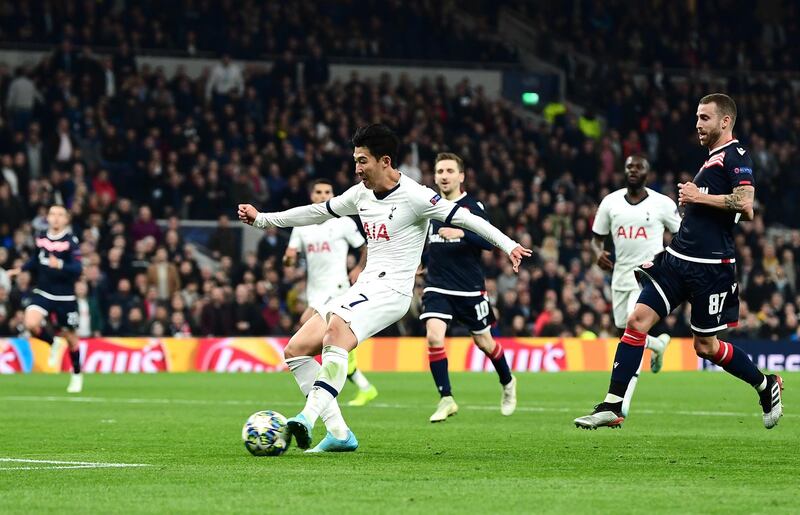LONDON, ENGLAND - OCTOBER 22: Heung-Min Son of Tottenham Hotspur scores his team's third goal during the UEFA Champions League group B match between Tottenham Hotspur and Crvena Zvezda at Tottenham Hotspur Stadium on October 22, 2019 in London, United Kingdom. (Photo by Alex Broadway/Getty Images)