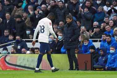 Tottenham Hotspur manager Antonio Conte (right) looks on as Tottenham Hotspur's Tanguy Ndombele is substituted off during the Emirates FA Cup third round match at Tottenham Hotspur Stadium, London. Picture date: Sunday January 9, 2022.