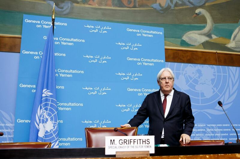 epa07004879 Martin Griffiths, UN Special Envoy for Yemen, attends a new press conference on the Geneva Consultations on Yemen, at the European headquarters of the United Nations in Geneva, Switzerland, 08 September 2018. A Yemeni Houthi delegation is still stranded in Yemen's capital Sana'a saying UN efforts to guarantee safe passage were not met in order to get peace talks going. A fresh round of UN-sponsored peace talks on the war in Yemen were scheduled to start on 06 September, a Yemeni government delegation is already present in Geneva.  EPA/SALVATORE DI NOLFI