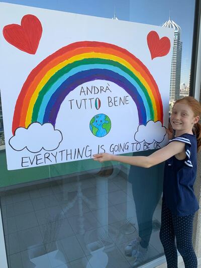 Dubai's Darcey Isolina Zagalsky, 9, has put a rainbow on her window, to spread the message that 'everything is going to be OK'. Courtesy Chiara Sarzi Amade