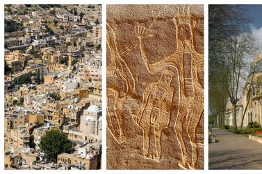 From left sites nominated for the Unesco World Heritage List: As-Salt, Jordan; Hima Najran, Saudi Arabia; Vichy, France