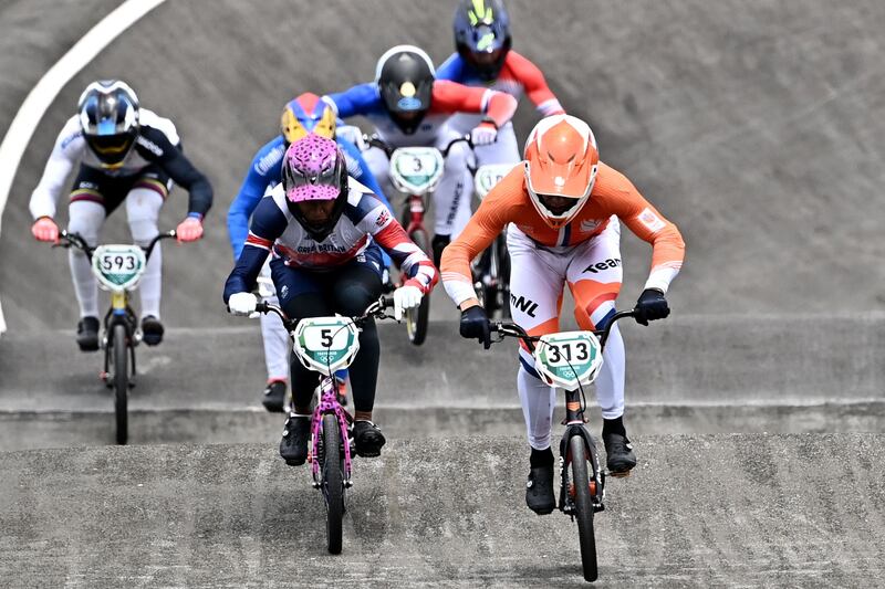 Britain's Kye Whyte and Netherlands' Niek Kimmann compete in the cycling BMX racing men's final.