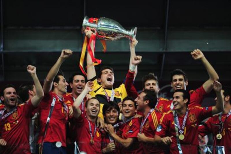 KIEV, UKRAINE - JULY 01:  Captain Iker Casillas of Spain lifts the trophy after victory during the UEFA EURO 2012 final match between Spain and Italy at the Olympic Stadium on July 1, 2012 in Kiev, Ukraine.  (Photo by Shaun Botterill/Getty Images)