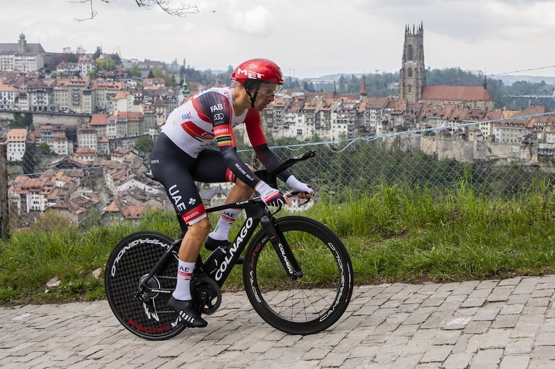 Portuguese rider Rui Costa, of UAE Team Emirates, in action during the fifth stage of the Tour de Romandie  - a 16.2km individual time trial - in Fribourg, Switzerland, on Sunday, May 2. EPA