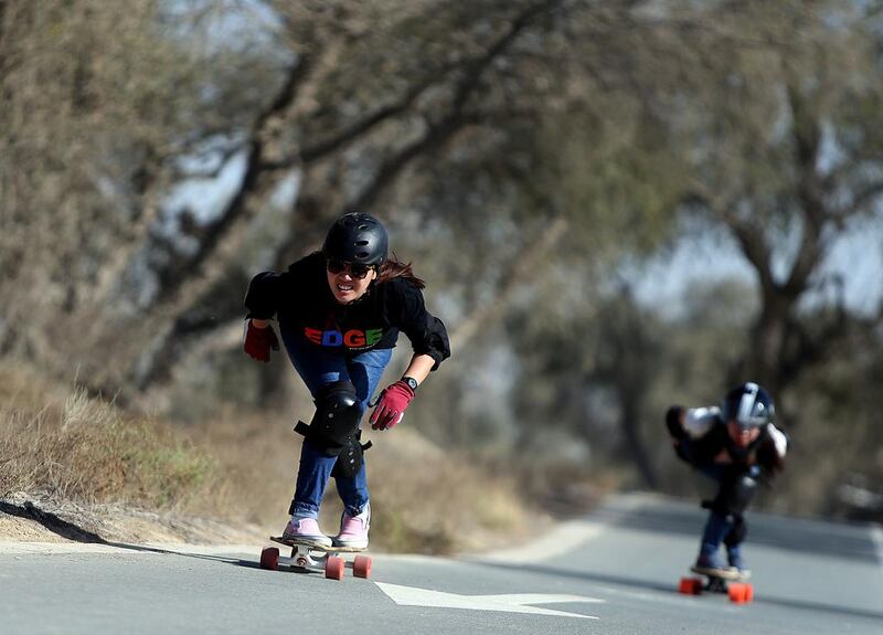 Women got to skate competitively on the downhill track at Mushrif Park in Dubai as it was the first time there was enough of them. Satish Kumar / The National 