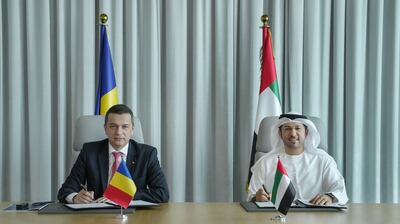 Sorin Grindeanu, Romania’s Minister of Transport and Infrastructure, and Abdulla bin Damithan, chief executive and managing director of DP World UAE, and vice chairman of the PCFC, during the signing ceremony. Photo: Dubai Media Office 