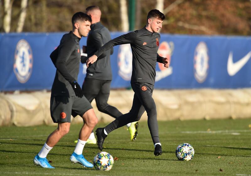 Mason Mount, right and Christian Pulisic, left, at Chelsea's Cobham training facility. AFP