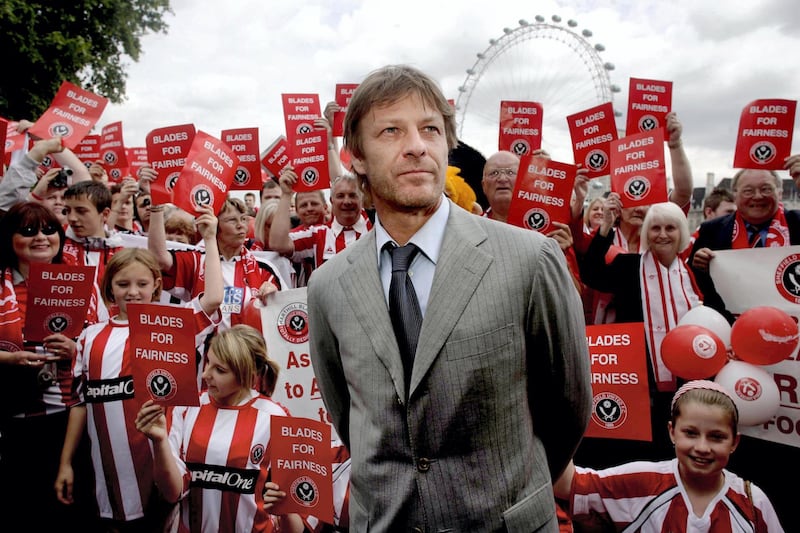 Hollywood actor Sean Bean arrives at Westminster with Sheffield United fans in a bid to retain the team's place in the Barclays Premiership.   (Photo by Ian Nicholson - PA Images/PA Images via Getty Images)