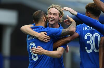 LIVERPOOL, ENGLAND - AUGUST 06:  Sandro Ramirez of Everton celebrates with Tom Davies after scoring the opening goal during a pre-season friendly match between Everton and Sevilla at Goodison Park on August 6, 2017 in Liverpool, England.  (Photo by Alex Livesey/Getty Images)