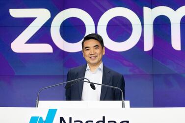 Zoom Video's chief executive Eric Yuan takes part in the Nasdaq bell-ringing ceremony after his company's IPO in New York in April, last year. AP