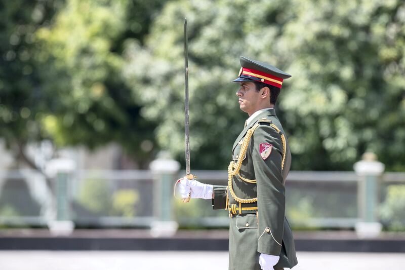 ABU DHABI, UNITED ARAB EMIRATES - October 01, 2017: The UAE Honor Guard stand to attention during a reception for His Excellency General the Honourable Sir Peter Cosgrove, Governor-General of Australia (not shown), at Mushrif Palace. 

( Rashed Al Mansoori / Crown Prince Court - Abu Dhabi )
---