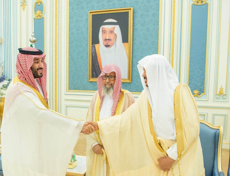 Crown Prince Mohammed bin Salman, Prime Minister of Saudi Arabia, receives Ramadan greetings from guests at Al Yamamah Palace in Riyadh