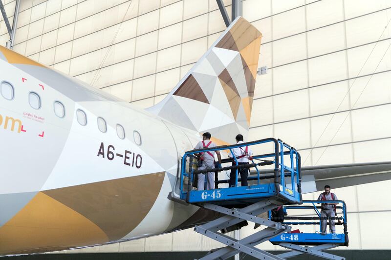 ABU DHABI, UNITED ARAB EMIRATES - OCT 24:

Inside the aircraft hanger at Etihad Airways Engineering facilities.

(Photo by Reem Mohammed/The National)

Reporter: MUSTAFA ALRAWI
Section: BZ