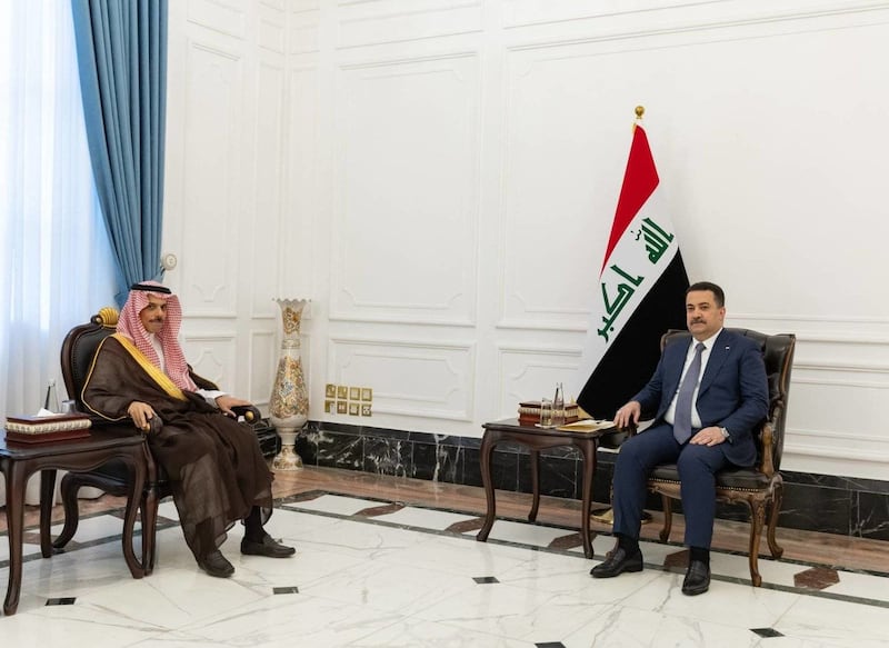 Iraqi Prime Minister Mohammed Shia Al Sudani meets Saudi Foreign Minister Prince Faisal bin Farhan in Baghdad on Monday. SPA