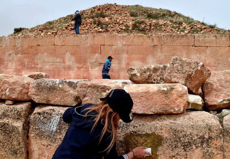 Experts and students from Algiers University’s Archaeology Institute work on one of the pyramid tombs, near the city of Tiaret, Algeria. AFP
