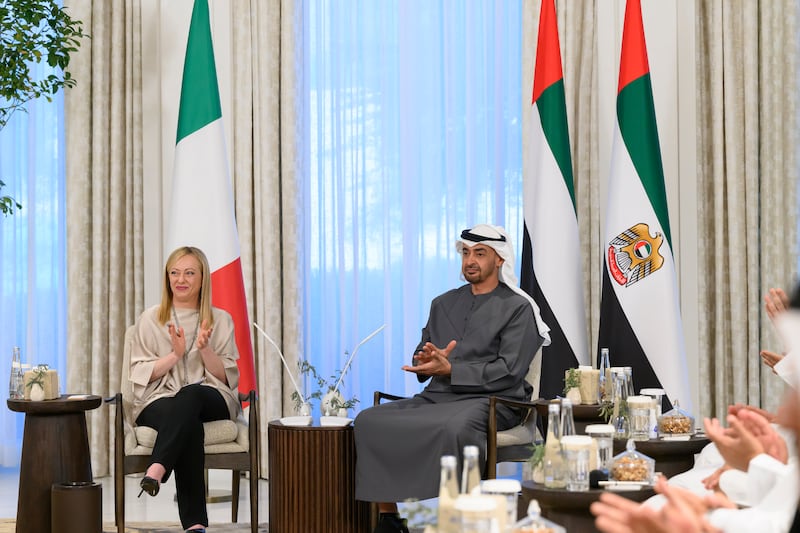 Sheikh Mohamed and Ms Meloni discussed ways to build a strategic partnership between their countries, especially in the economic, investment and trade sectors. Abdulla Al Neyadi / UAE Presidential Court