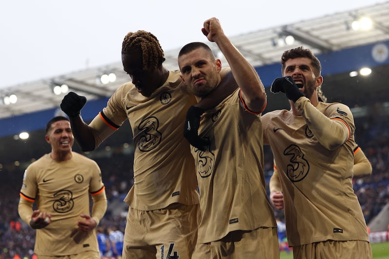 Mateo Kovacic, seocnd right, celebrates scoring for Chelsea in their Premier League win at Leicester City last week. AFP