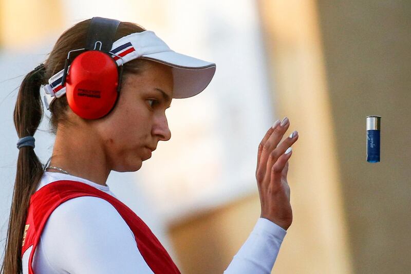 Daria Semianova of Russia in action during the final of the women's trap contest at the ISSF World Cup in Cairo. She lost a shoot-off to Fatima Galvez of Spain. Reuters