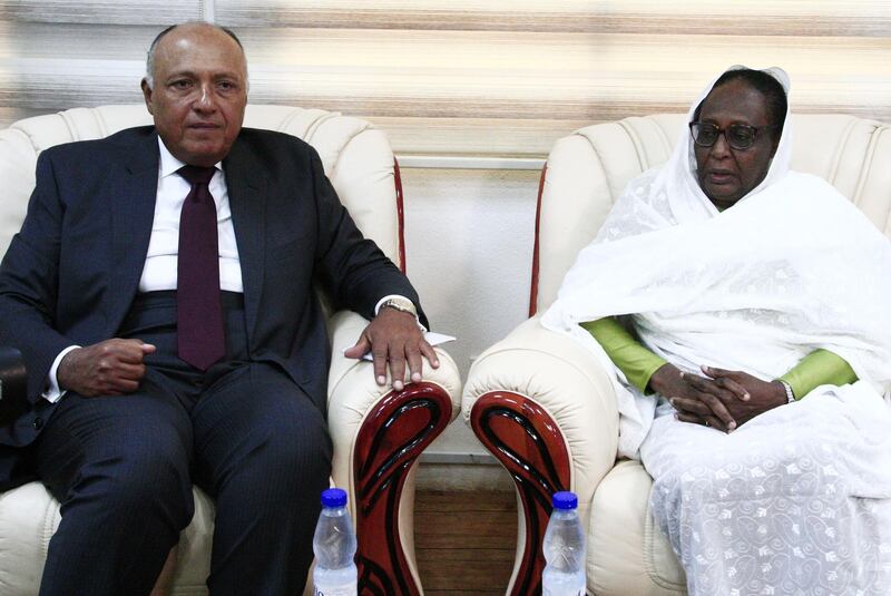 Asma Mohamed Abdalla (R) the newly appointed Sudanese Foreign Monister meets with her Egyptian counterpart Sameh Shoukry in the Sudanese capital Khartoum on September 9, 2019.  Shoukry arrived in Khartoum today, officials said, to begin what Cairo hailed as a "new start" in relations as Sudan embarks on a transition to civilian rule.
Egypt was a steadfast ally of Sudanese military generals who seized power after the army ousted long-time leader Omar al-Bashir in April following months of nationwide protests against his autocratic rule. / AFP / Ebrahim HAMID
