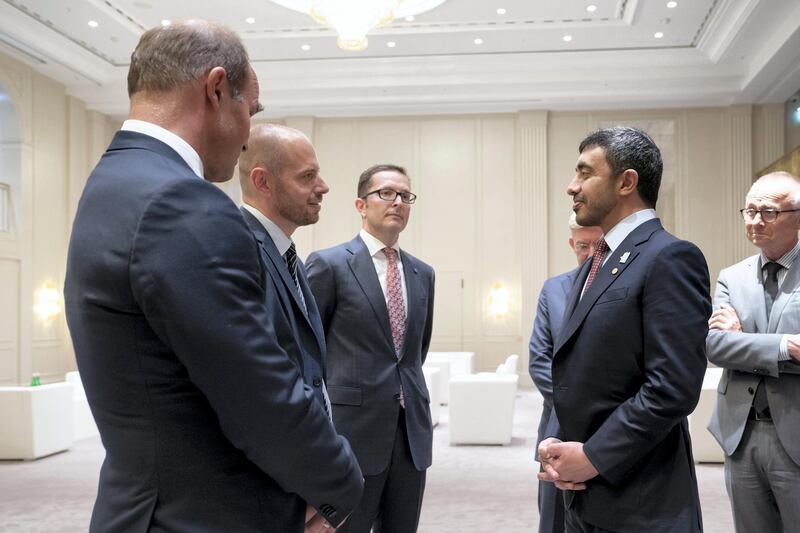 BERLIN, GERMANY - June 12, 2019: HH Sheikh Abdullah bin Zayed Al Nahyan UAE Minister of Foreign Affairs and International Cooperation (2nd R), speaks with representatives of German companies from various sectors, in Berlin.

(Eissa Al Hammadi / For the Ministry of Presidential Affairs )