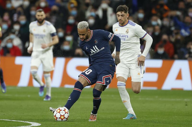 Real Madrid's Fede Valverde in action against Neymar. EPA