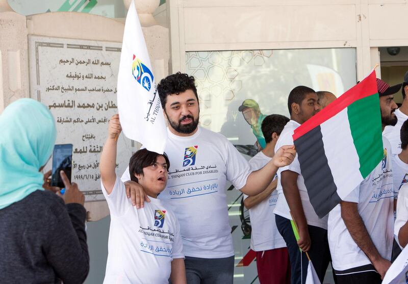 DUBAI, UNITED ARAB EMIRATES - Participants at the Special Olympics Torch Run at Al Thiqah Club for Handicapped.  Leslie Pableo for The National