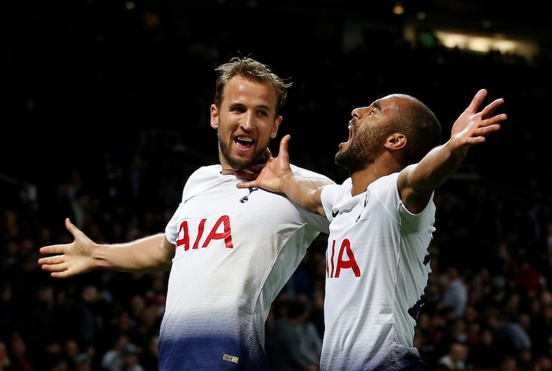 Soccer Football - Premier League - Manchester United v Tottenham Hotspur - Old Trafford, Manchester, Britain - August 27, 2018  Tottenham's Lucas Moura celebrates scoring their third goal with Harry Kane          REUTERS/Andrew Yates  EDITORIAL USE ONLY. No use with unauthorized audio, video, data, fixture lists, club/league logos or "live" services. Online in-match use limited to 75 images, no video emulation. No use in betting, games or single club/league/player publications.  Please contact your account representative for further details.