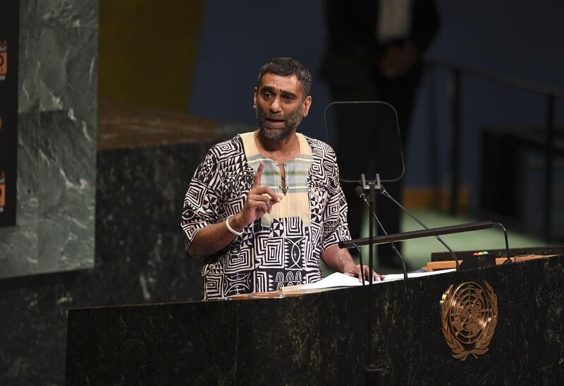 Kumi Naidoo, Secretary General of Amnesty International addresses the Nelson Mandela Peace Summit September 24, 2018 a day before the start of the General Debate of the 73rd session of the General Assembly at the United Nations in New York.
 The focus of the Nelson Mandela Peace Summit is on Global Peace in honour of the centenary of the birth of Nelson Mandela. / AFP / Don EMMERT

