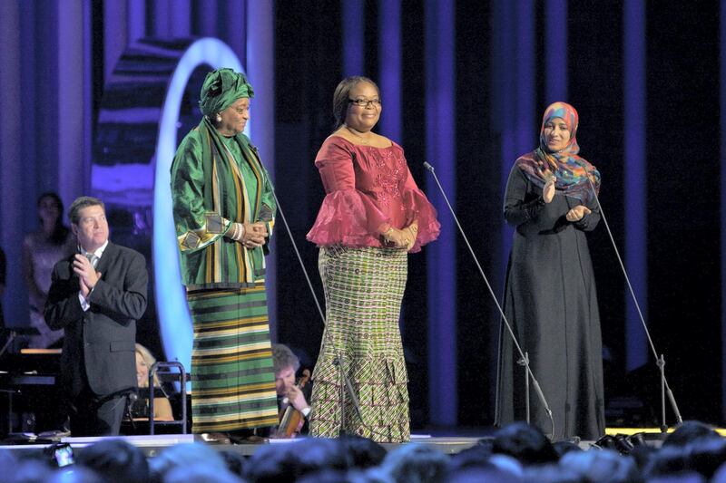 OSLO, NORWAY - DECEMBER 11: The Nobel Peace Prize laureates Ellen Johnson Sirleaf, Leymah Gbowee and Tawakul Karman speak  onstage during the Nobel Peace Prize Concert at Oslo Spektrum on December 11, 2011 in Oslo, Norway. (Photo by Ragnar Singsaas/Getty Images)