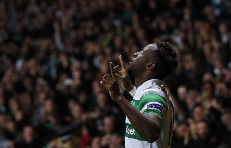 Celtic’s Moussa Dembele celebrates scoring their third goal against Manchester City in the Champions League. Lee Smith / Reuters