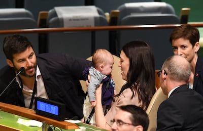 Jacinda Ardern holds her daughter Neve during a summit at the UN General Assembly in 2018. AFP