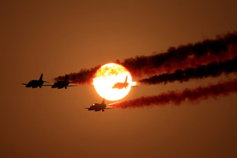 Jets release smoke as they perform an air display over the  Jeddah Corniche Circuit. AFP