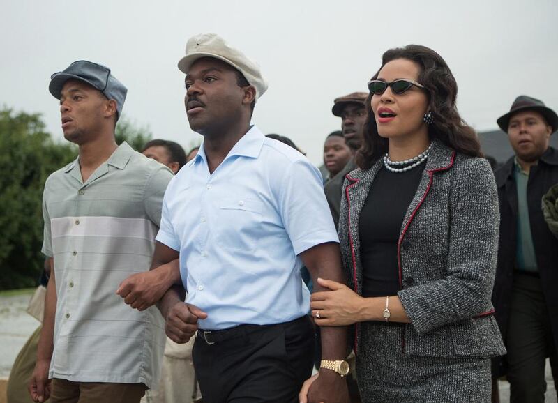 David Oyelowo, center, as Martin Luther King, Jr. and Carmen Ejogo, right, as Coretta Scott King in the film, "Selma" (AP Photo/Paramount Pictures, Atsushi Nishijima)