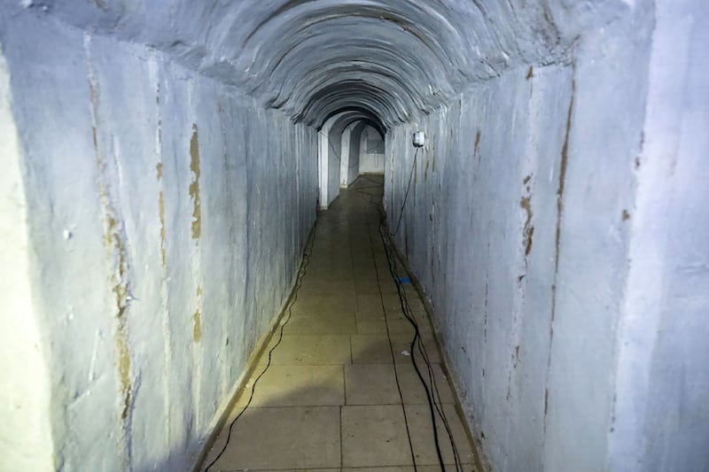 An underground tunnel that Israeli forces said they found during a raid in Khan Yunis in the southern Gaza Strip, amid continuing battles between Israel and the Palestinian militant group Hamas. Israeli Army / AFP