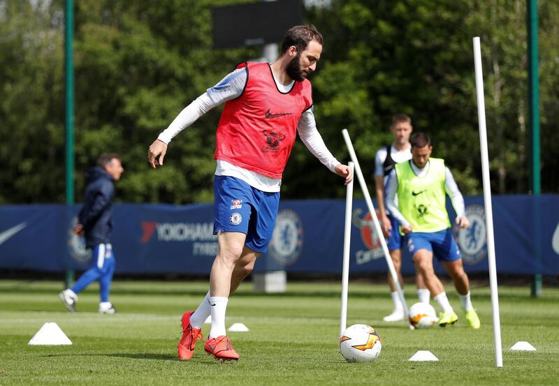 Chelsea's Gonzalo Higuain during training at the club's Cobham Training Centre. Chelsea face Arsenal in an all-English Europa League final in Baku, Azerbaijan, on May 29. Reuters