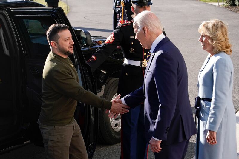 Mr Biden welcomes Mr Zelenskyy to the White House. AP