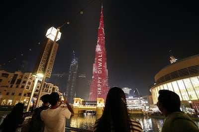 The Burj Khalifa marked Diwali with a special projection and an accompanying Dubai Fountain show with a Bollywood number. Chris Whiteoak / The National