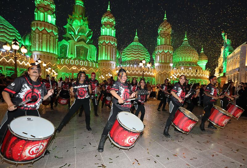 Drum group Aainjaa perform at the reopening of Global Village