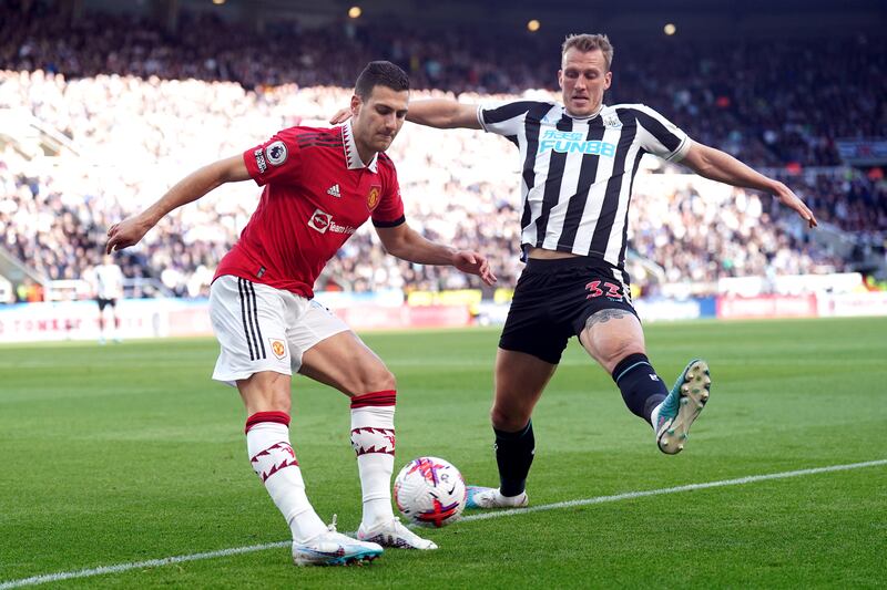Diogo Dalot 5: Suffered in previous matches against Newcastle, but started as Wan Bissaka was ill.
Had work cut out against Saint Maximim, who was eventually taken off. Tried to beat the much taller Burn in the air. Poor for the second goal. PA
