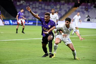 Al Ain’s Saeed Juma (left) and Abdelaziz Salim tussle for the ball in the Adnoc Pro League matchweek 11 at the Hazza bin Zayed stadium on Saturday, December 25, 2021. - PLC