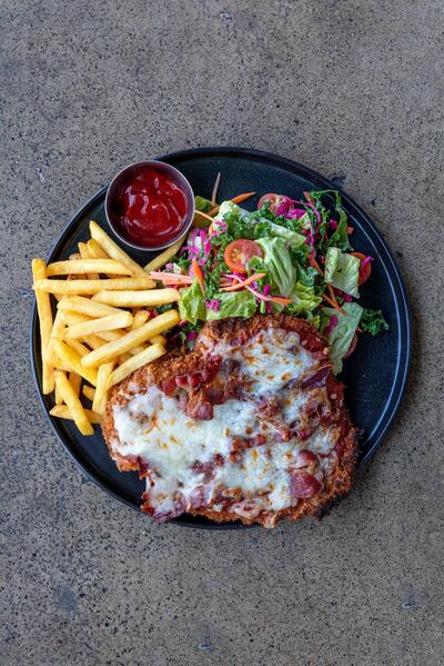 Chicken parma -  a classic Australian dish - will be available from all Bull&Roo venues in Dubai. Courtesy Bull&Roo