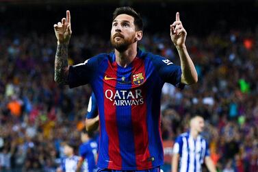 Lionel Messi of Barcelona celebrates after scoring his team's first goal during the Copa Del Rey final against Alaves at Vicente Calderon on May 27, 2017 in Madrid, Spain. David Ramos / Getty Images