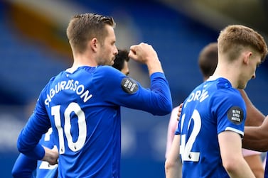 Everton's Gylfi Sigurdsson after scoring his side's second goal against Leicester on July 1. AP
