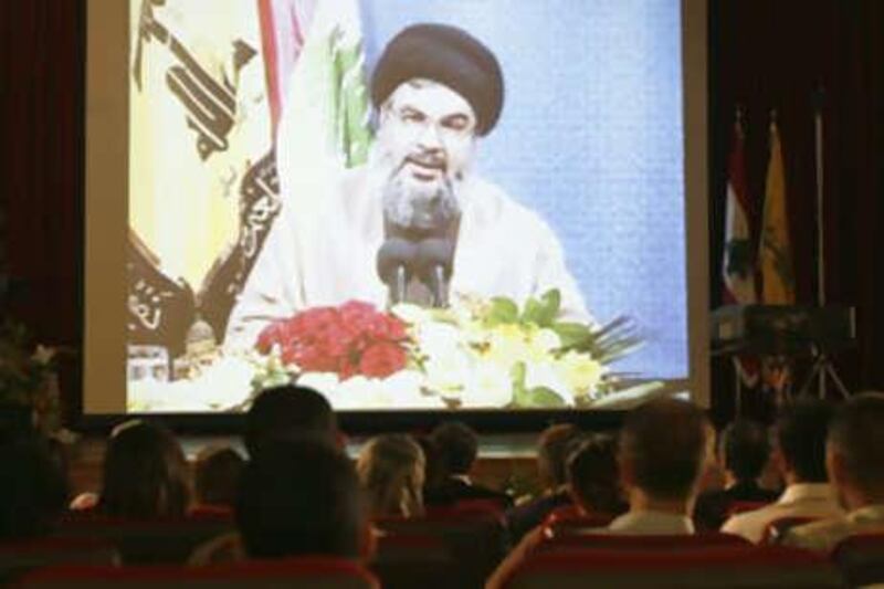 Sayyed Hassan Nasrallah, Lebanon's Hizbollah leader, speaks through a giant screen during a news conference in Beirut this week. Syria were to reach a peace deal with Israel, it would have serious implications for Hizbollah.