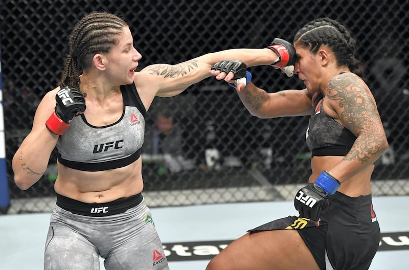 ABU DHABI, UNITED ARAB EMIRATES - JULY 12: (L-R) Karol Rosa of Brazil punches Vanessa Melo of Brazil in their bantamweight fight during the UFC 251 event at Flash Forum on UFC Fight Island on July 12, 2020 on Yas Island, Abu Dhabi, United Arab Emirates. (Photo by Jeff Bottari/Zuffa LLC)