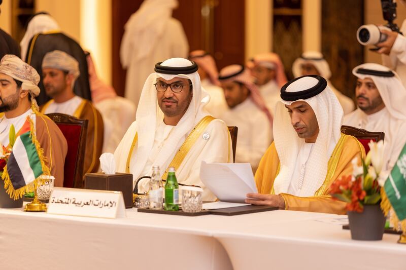 Dr Sultan Al Jaber, Minister of Industry and Advanced Technology, and Dr Thani Al Zeyoudi, Minister of State for Foreign Trade, at the meetings in Muscat. Photo: Ministry of Industry and Advanced Technology