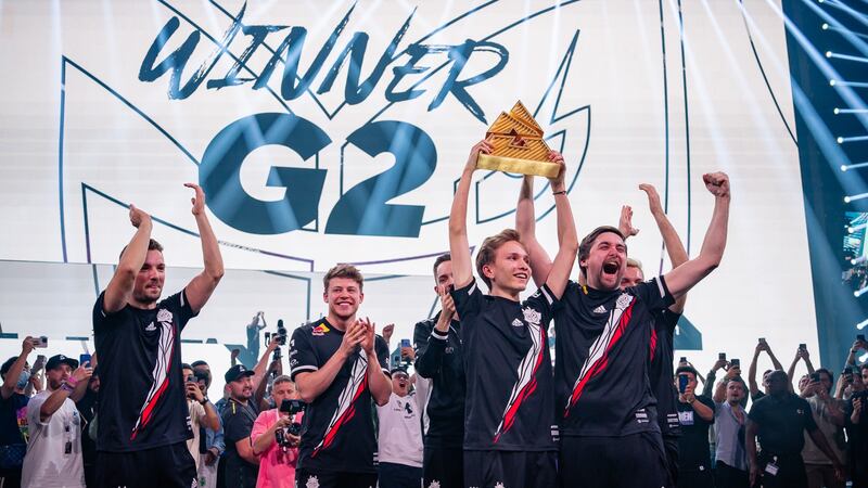 Germany's G2 Esports team celebrate after winning the top prize at the 2022 Blast Premier World Final in Abu Dhabi. Photo: Blast