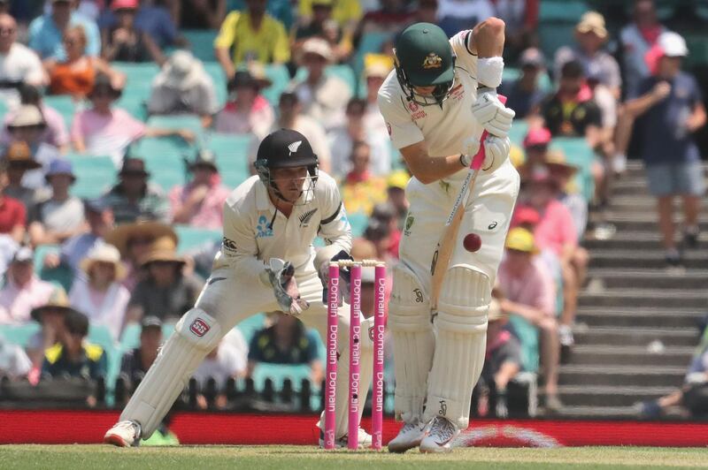 New Zealands wicketkeeper BJ Watling watches as Australia’s Marnus Labuschagne plays a shot. AFP