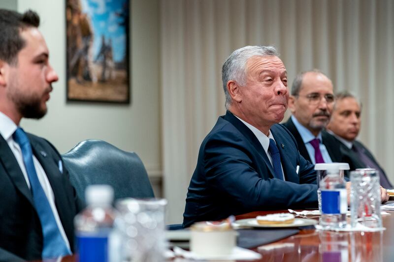 King Abdullah speaks during a meeting with US Defence Secretary Lloyd Austin at the Pentagon in Washington. AP